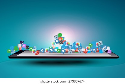 Vector design Tablet Computer with Application icon, Network and Technology Information concept on Smartphone, Business software and social media networking
