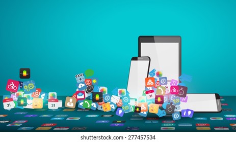 Vector design Tablet Computer with Application icon, Network and Technology Information concept on Tablet Computer, Business software and social media networking