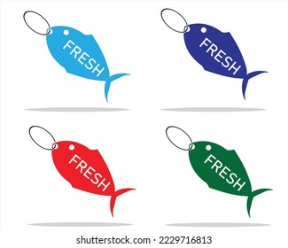 vector design of a tag or price tag or item label in the shape of a fish commonly found in markets or butcher shops, specifically the fourth fish meat is navy blue, dark red, dark green and dark blue
