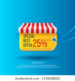 Vector design of tag under striped roof promoting sale and best offer on blue background