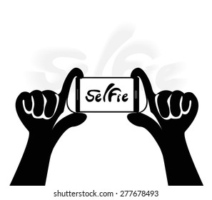 Vector design Taking Selfie Photo Hand holding Smartphone.