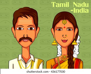 Vector design of Tamil Couple in traditional costume of Tamil Nadu, India