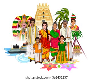 Vector design of Tamil family showing culture of Tamil Nadu, India