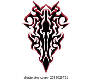vector design of a tattoo, symbol or engraving in black and white mixed colors with an abstract shape that extends from top to bottom with sharp corners and forms a small circle