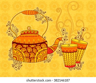 Vector design of tea kettle and glass in Indian art style