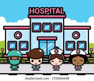 vector design team doctor standing in front of the hospital