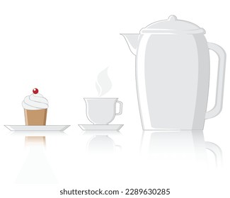 vector design of a teapot containing white hot tea and there is also a white glass or bowl beside it to pour it in and there is also a cake with red cherries on top which is to the left of the glass