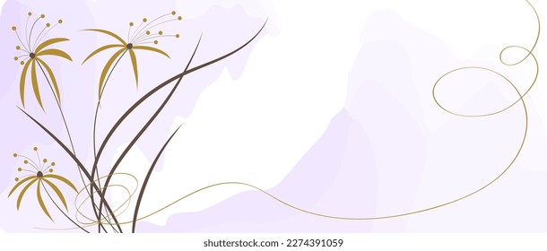 Vector design template with abstract golden flowers and purple watercolor spots in a modern style. Creative frame with a place for text for invitations, banners, web, social networks.