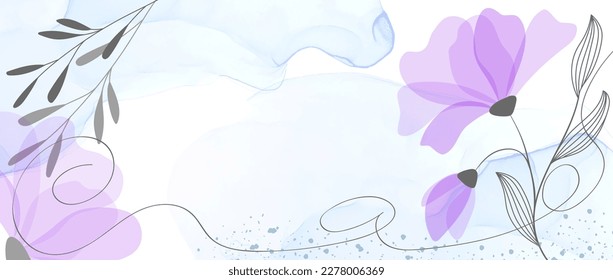 Vector design template with abstract purple flowers and watercolor spots in a modern style. Creative frame with space for text for invitations, banners, web, social networks. Botanical linear art.