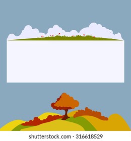Vector design template with an autumn hand drawn childlike simple background. Trees, a meadow, clouds and poppy flowers with a blank frame for a custom text in the middle.