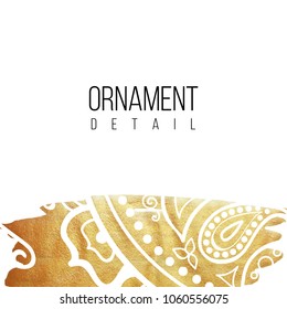 Vector design template - background for cards, backdrop for invitations and posters, with ornate white lace fragment, golden foil and copy space, in modern minimalistic memphis style.