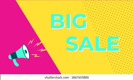 Vector design template banner big sale. Pop art style. Bright Yellow Pink Background Blue Megaphone Screaming Discounts Place for text. Copyspace.