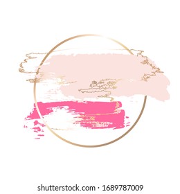 Vector design template for banner, card, cover, web, flyer. Pink, rose and golden brush strokes in round gold frame on a white background.  - Shutterstock ID 1689787009