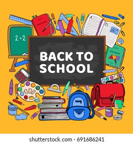 Vector design template for banner, flyer, poster, or other advertisement with school stationery objects. Many elements hand drawn, sketch style. Blackboard with heading Back to School in the middle.