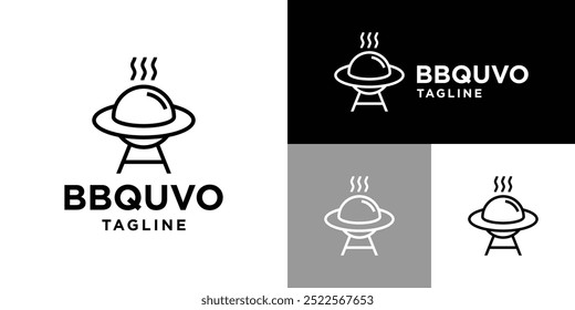 Vector design template of barbecue combination with flying saucer logo. Grill, party, space, equipment. Icon symbol EPS 10.