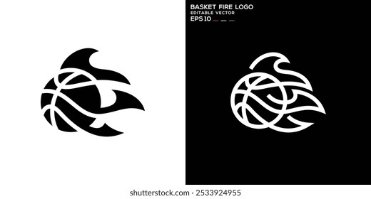 Modelo de design vetorial de basquete combinado com fogo. Paixão, esporte, queimação, velocidade. Símbolo de ícone EPS 10