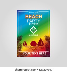 Vector design template Beach Party flayer. Sunset on the sea.