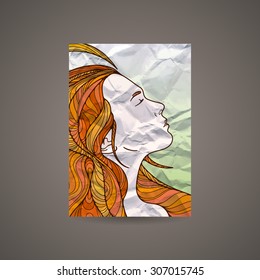 Vector design template with beautiful girl head on crumpled paper. Brochure and background.