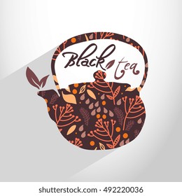 Vector design template for Black tea package with floral teapot and abstract background