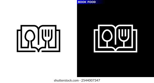 Modelo de design vetorial do logotipo do livro combinado com talheres. Restaurante, menu, educação, saúde. Ícone de símbolo EPS 10.