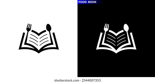 Modelo de design vetorial do logotipo do livro combinado com talheres. Restaurante, menu, educação, saúde. Ícone de símbolo EPS 10.