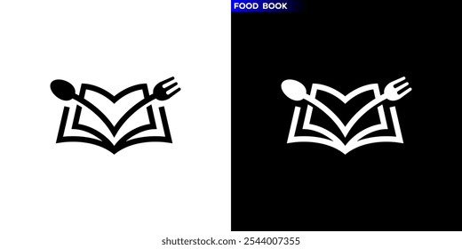 Modelo de design vetorial do logotipo do livro combinado com talheres. Restaurante, menu, educação, saúde. Ícone de símbolo EPS 10.