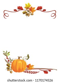Vector design template with bright autumn foliage and pumpkin, acorns isolated white on background.