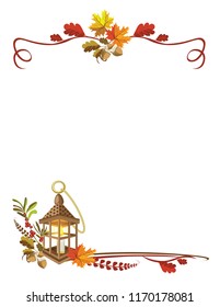 Vector design template with bright autumn foliage and pumpkin, acorns and lantern isolated white on background.