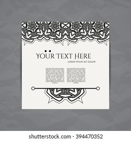 Vector design template. Brochure in colorful style. Vintage frame and background. Business card with floral circle ornament. Mandala style.