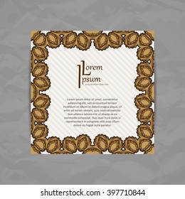 Vector design template. Brochure in colorful style. Vintage frame and background. Business card with floral circle ornament. Mandala style.