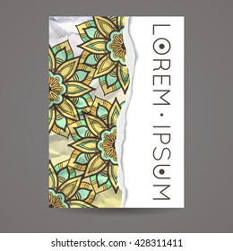 Vector design template. Brochure in colorful style. Business card with floral circle ornament. Mandala style.