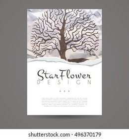 Vector design template. Brochure in colorful style. Vintage frame or background. Business card with tree in hand draw style. Hipster style.