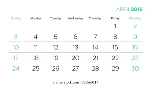 Vector design template for the caledar pages 2016. April.