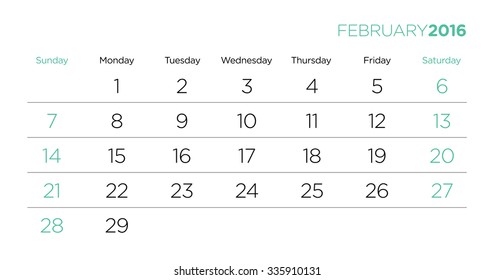 Vector design template for the caledar pages 2016. February.
