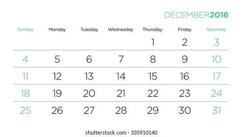 Vector design template for the caledar pages 2016. December.