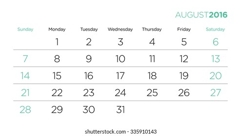 Vector design template for the caledar pages 2016. August.