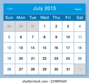 Vector design template calendar 2015. July.