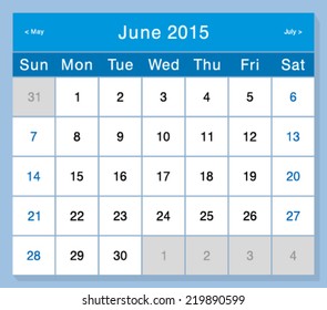 Vector design template calendar 2015. June.
