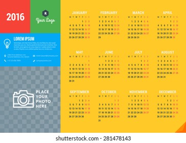 Vector Design Template. Calendar 2016. Week Starts Monday