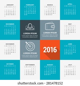 Vector Design Template. Calendar 2016. Week Starts Sunday