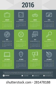 Vector Design Template. Calendar 2016. Week Starts Sunday