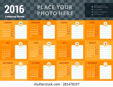 Vector Design Template. Calendar 2016. Week Starts Monday