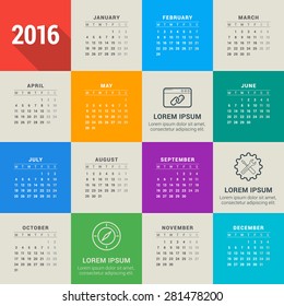 Vector Design Template. Calendar 2016. Week Starts Monday