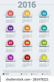 Vector Design Template. Calendar 2016. Week Starts Monday