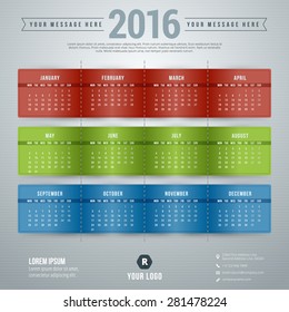 Vector Design Template. Calendar 2016. Week Starts Monday