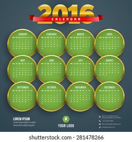 Vector Design Template. Calendar 2016. Week Starts Monday