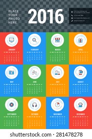 Vector Design Template. Calendar 2016. Week Starts Sunday