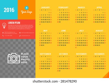 Vector Design Template. Calendar 2016. Week Starts Sunday