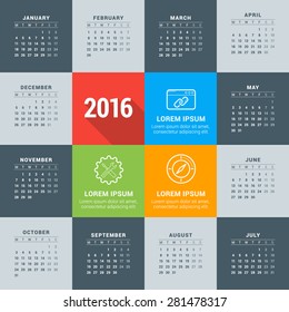 Vector Design Template. Calendar 2016. Week Starts Monday