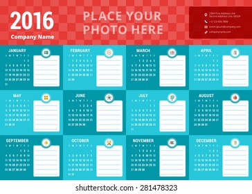 Vector Design Template. Calendar 2016. Week Starts Sunday